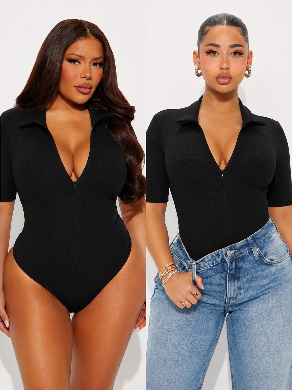 Fashion Nova Black Ribbed Zip-Up Collared Bodysuit